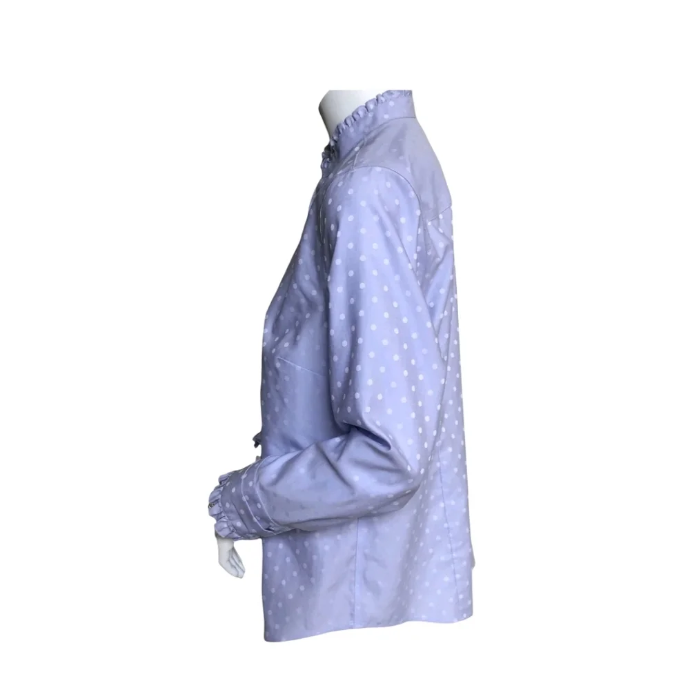 CHICO’S Shirt Lavender Polka Dot Long Sleeve No-iron Cotton Ruffles Sz 2 (10-12)